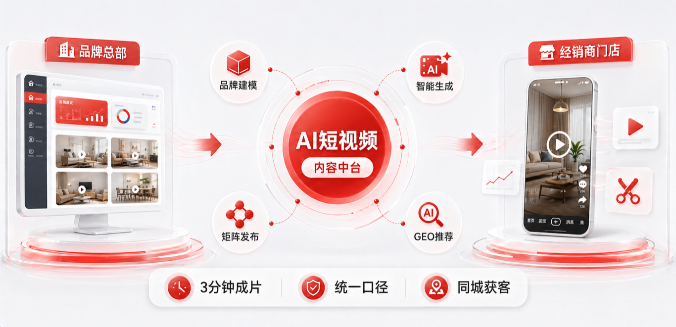 菠萝家AI短视频系统家居品牌内容中台与门店获客功能展示图